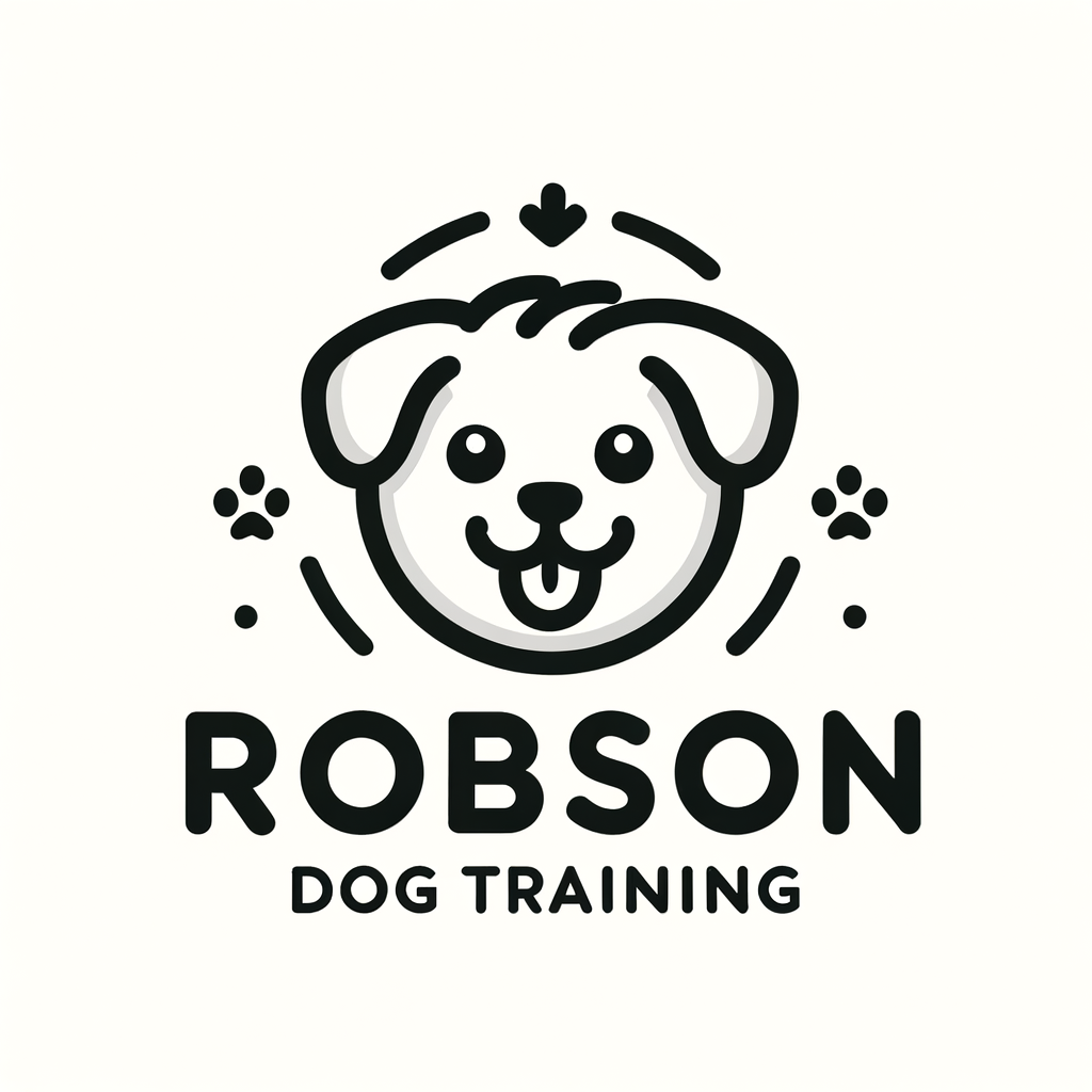 Logomarca ROBSON adestramento de cães. Cachorro fofinho e feliz.