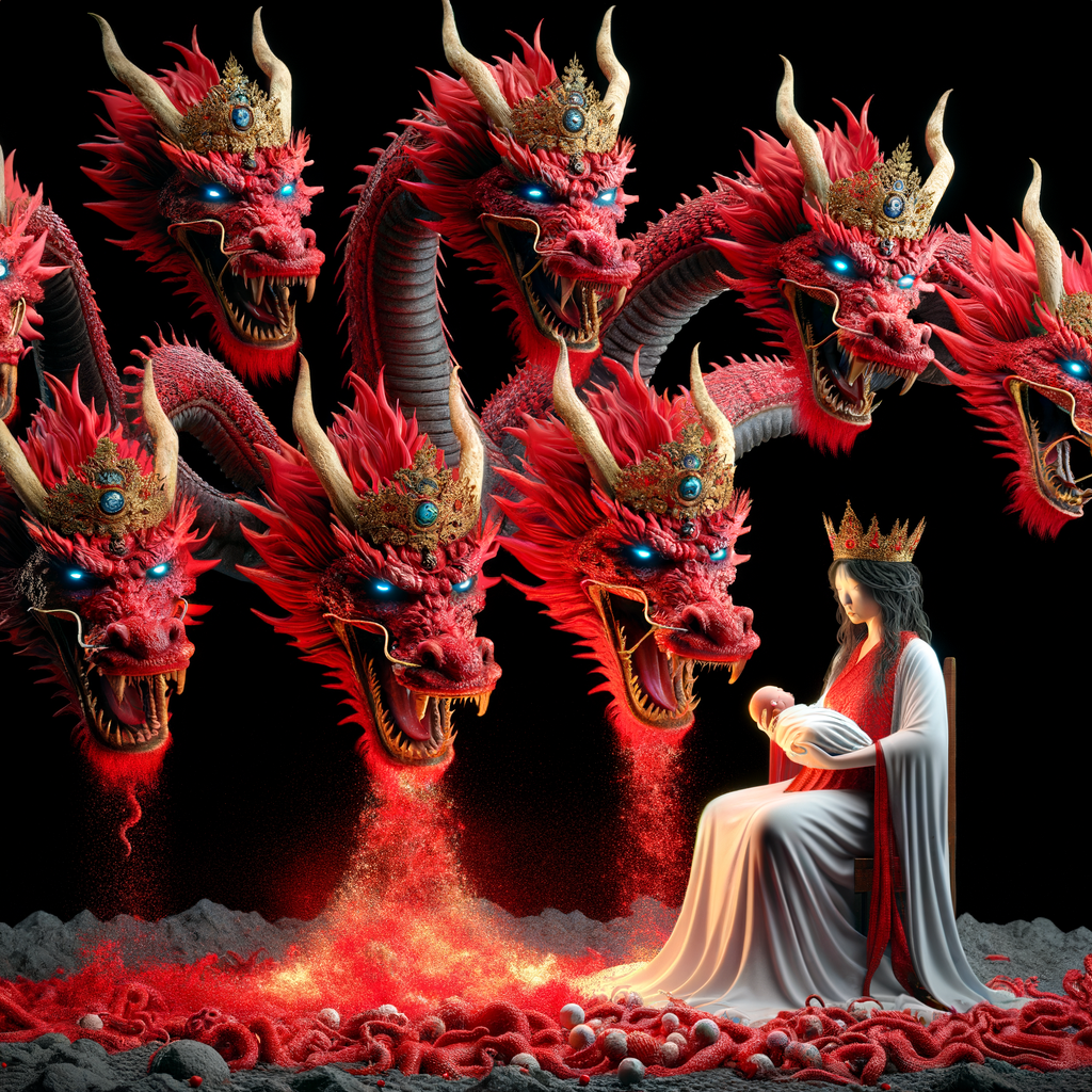 um dragão com sete cabeças, grande, vermelho, com diademas e chifres. E o dragão se deteve diante da mulher que estava para dar à luz, a fim de devorar o filho dela quando nascesse.