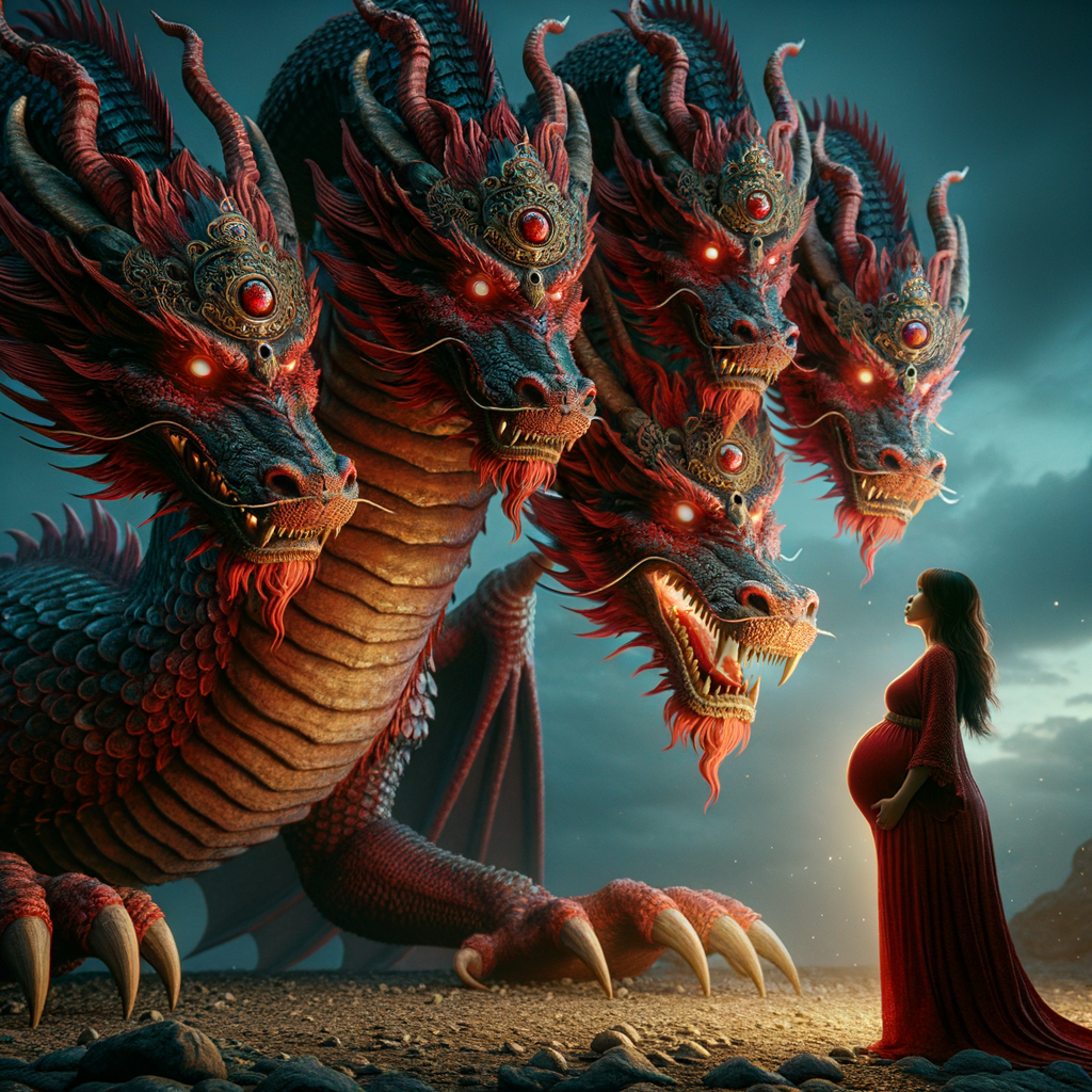 um dragão grande e vermelho com sete cabeças, cada cabeça com diademas e dez chifres. E o dragão se deteve diante da mulher grávida