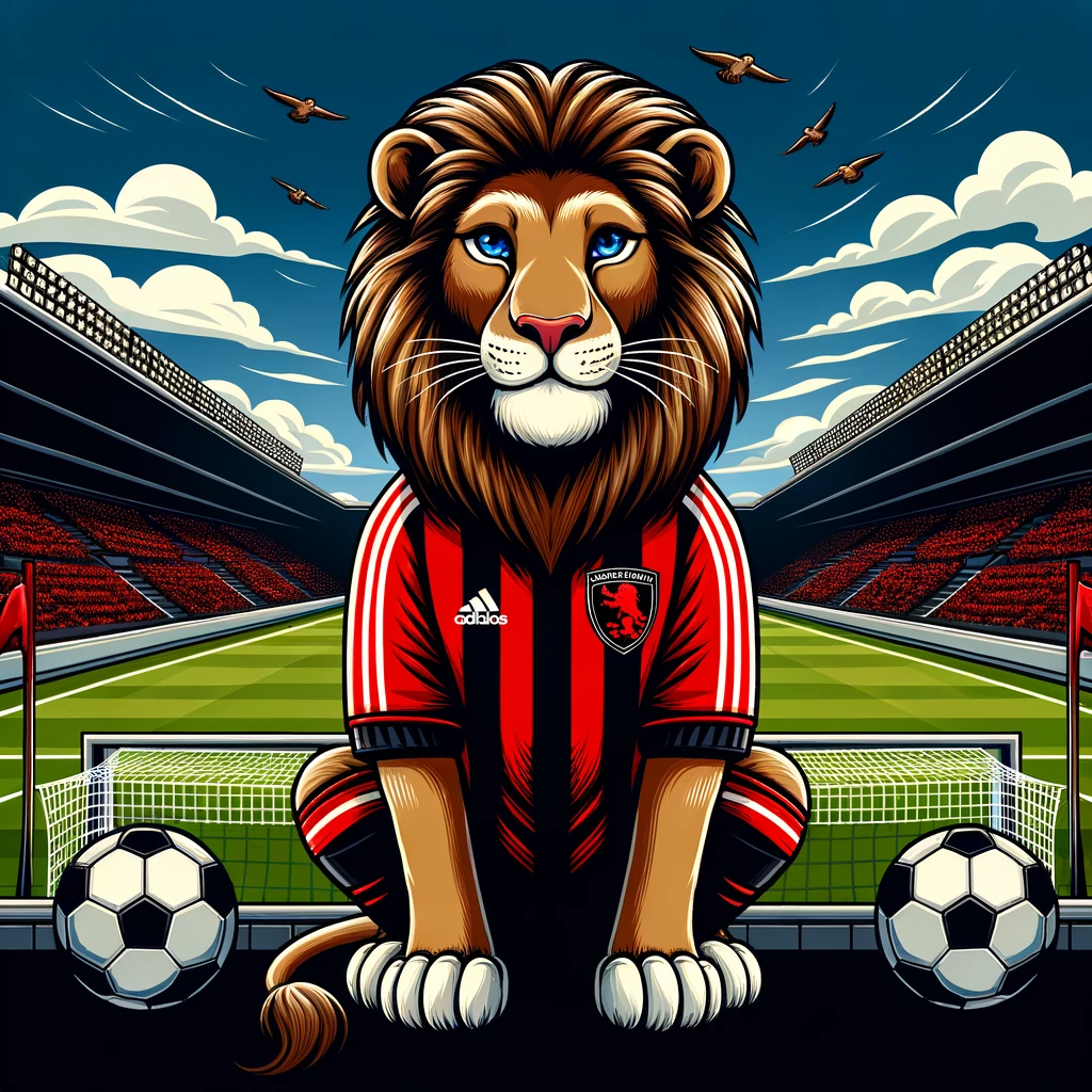 Leão vestido com camisa de time vermelho e preto em um estádio de futebol