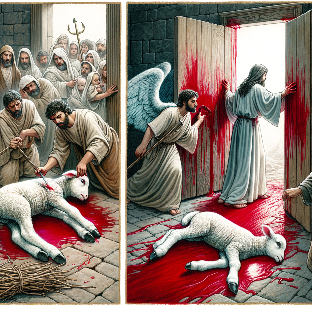 cena 1: um cordeiro novo sem defeito sendo sacrificado; cena 2: o sangue do cordeiro nos umbrais da porta; cena 3: o anjo da morte vendo o sangue nos umbrais da porta.