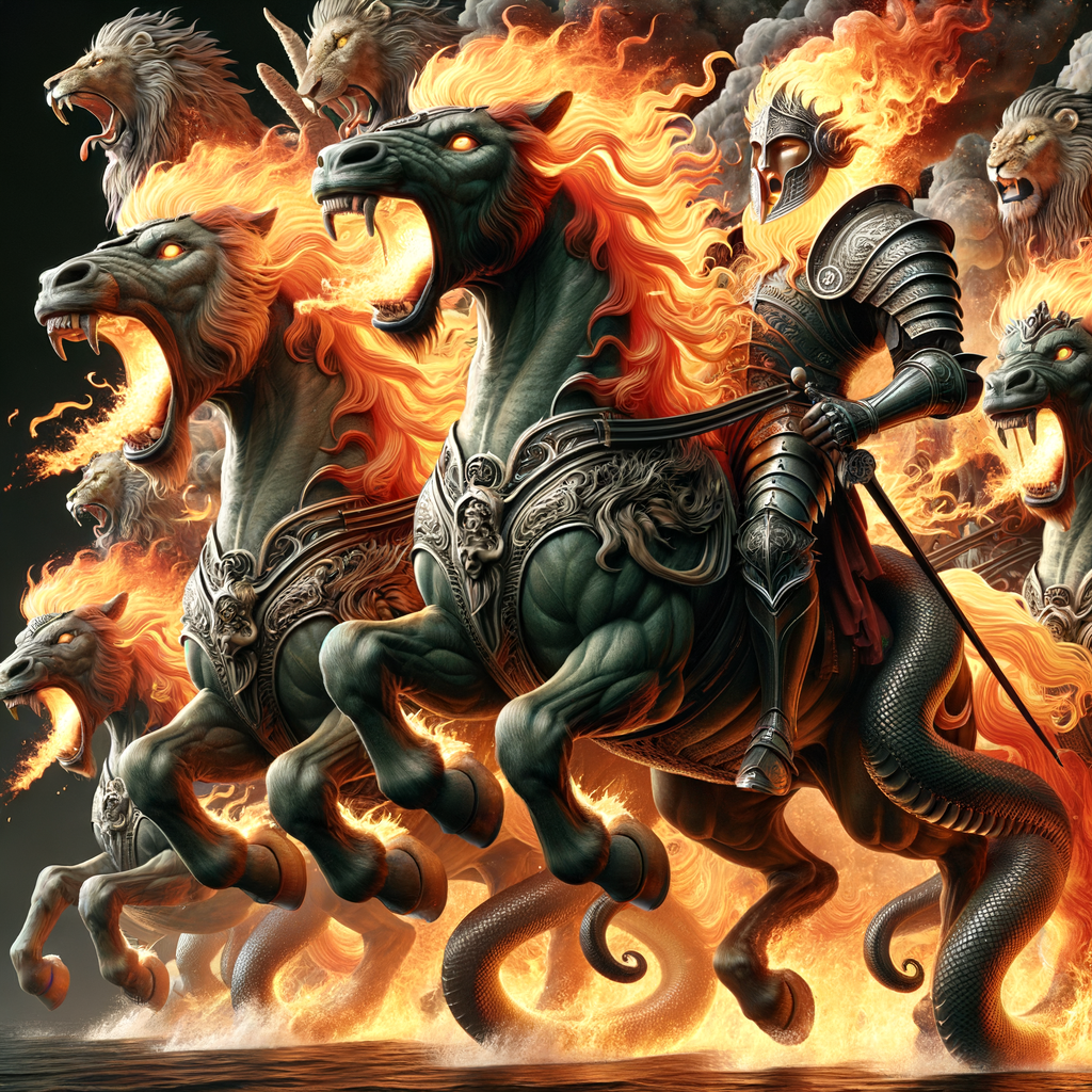 Cavalos com cabeça de leão, caudas de serpente, de sua boca sai fogo, fumaça e enxofre, montados por cavaleiros com couraças de fogo
