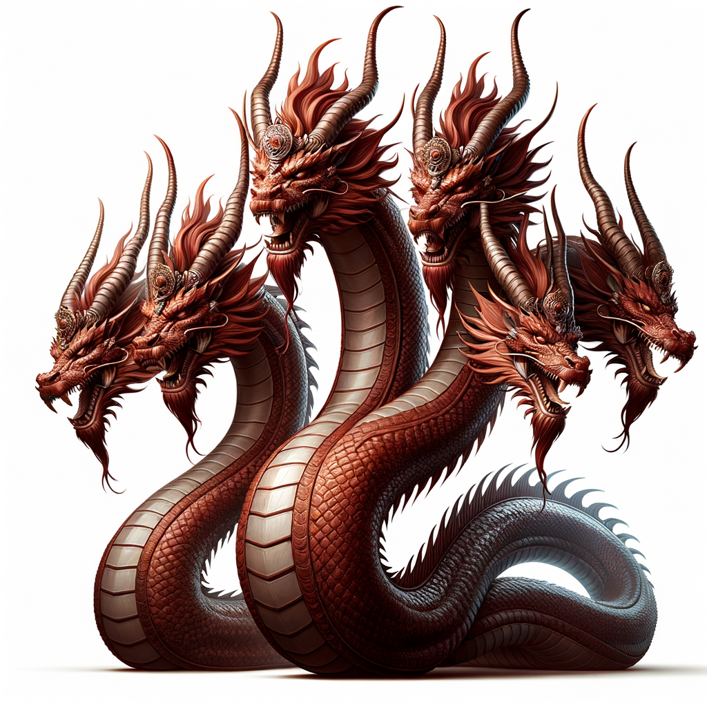 um dragão com 7 cabeças com diademas e 10 chifres, grande, vermelho,