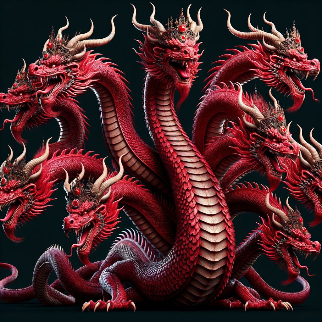 um dragão com sete cabeças com diademas e dez chifres, grande, vermelho,